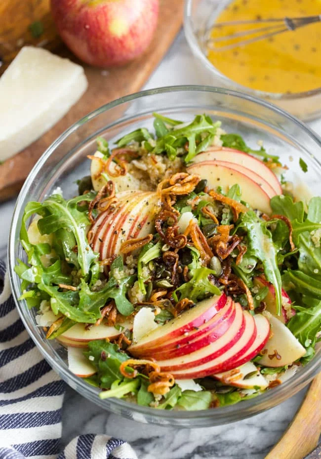 Honey Mustard Quinoa Apple Salad with Crispy Shallots Delights!