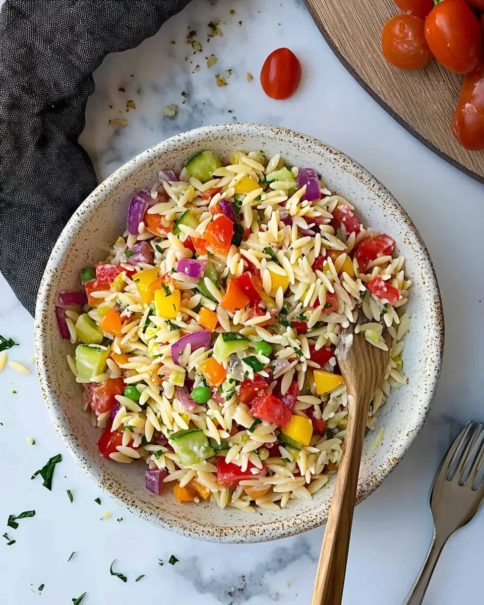 Rainbow Orzo Salad is a vibrant, healthy dish.