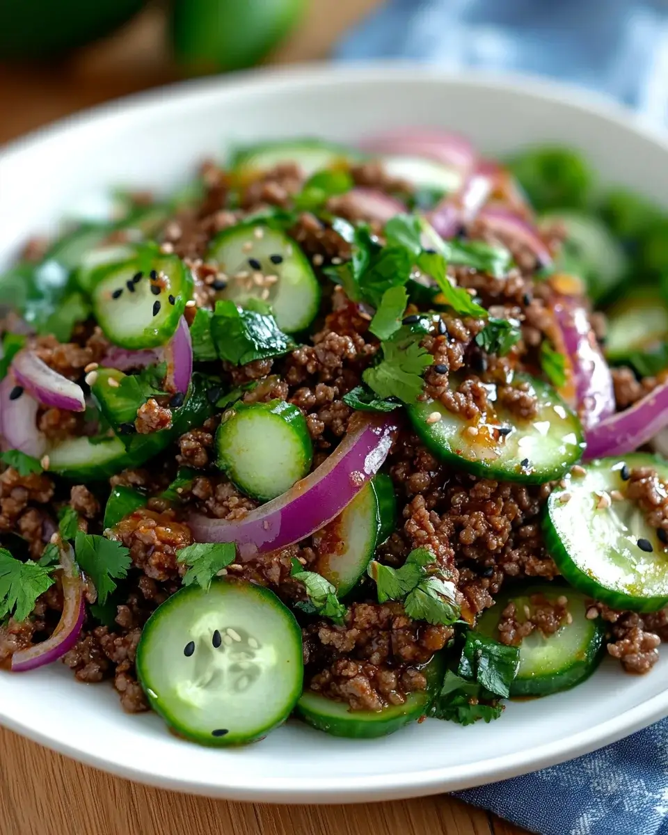 Spicy Korean Ground Beef with Cucumber Salad delights all!