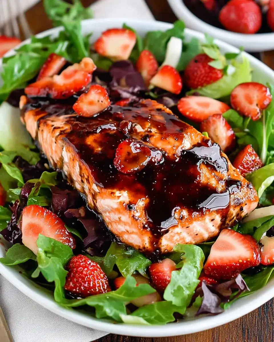 Strawberry Balsamic Glazed Baked Salmon Salad Delight!