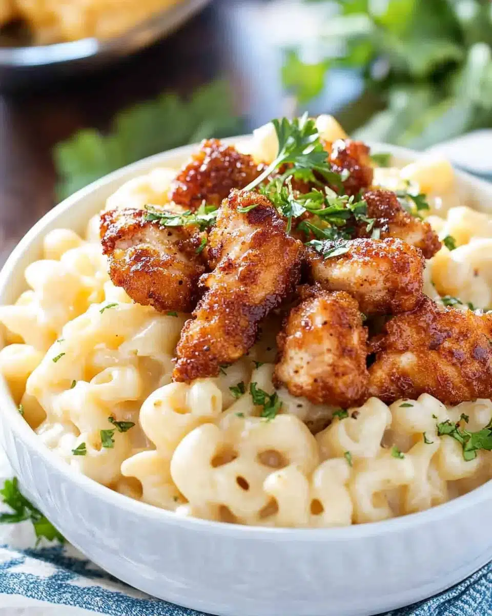 Creamy Four-Cheese Mac and Cheese with Honey Pepper Chicken will delight your taste buds!