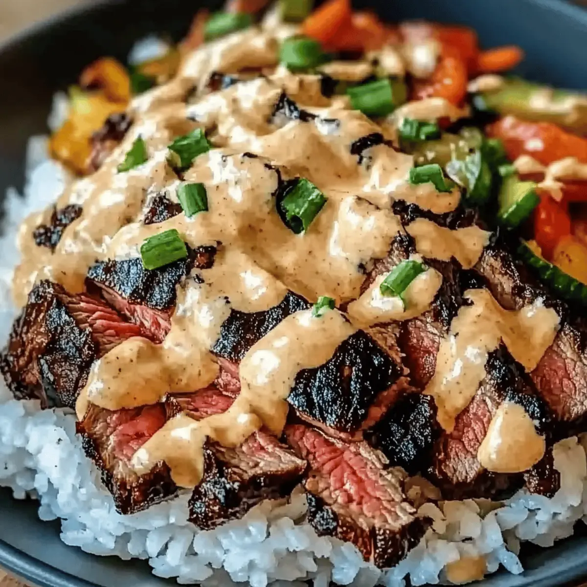 Korean BBQ Steak Rice Bowls with Spicy Cream Sauce Delight