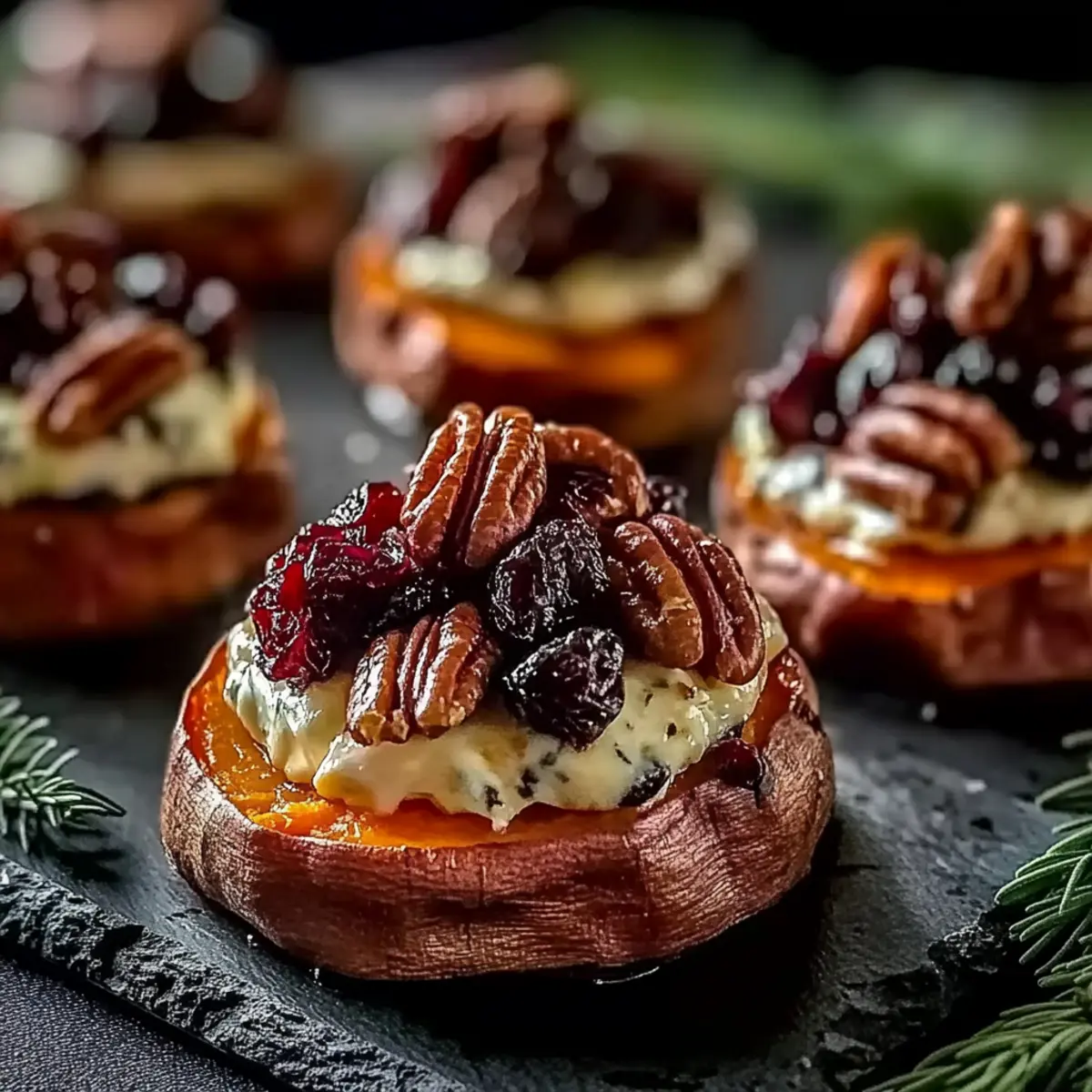 Sweet Potato Rounds with Brie Cranberry and Pecans
