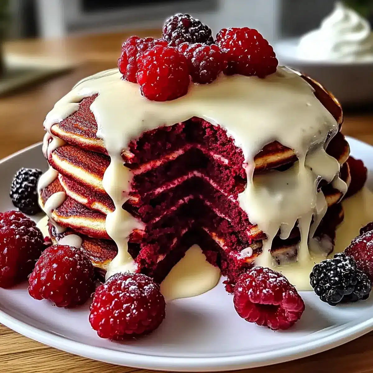 Decadent Red Velvet Pancakes With Cream Cheese Glaze Delight