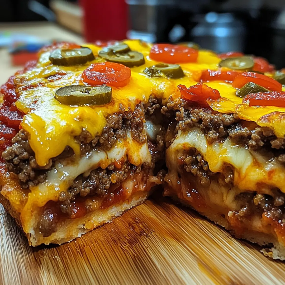 Triple Decker Cheeseburger Pizza with Stuffed Crust Delight