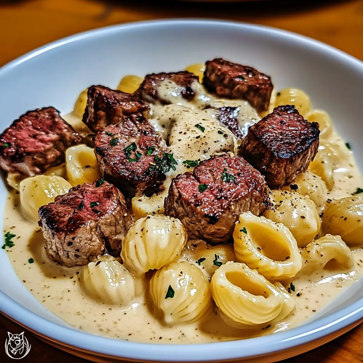 Savor Steak Bites and Shell Pasta in Garlic Butter Alfredo Sauce