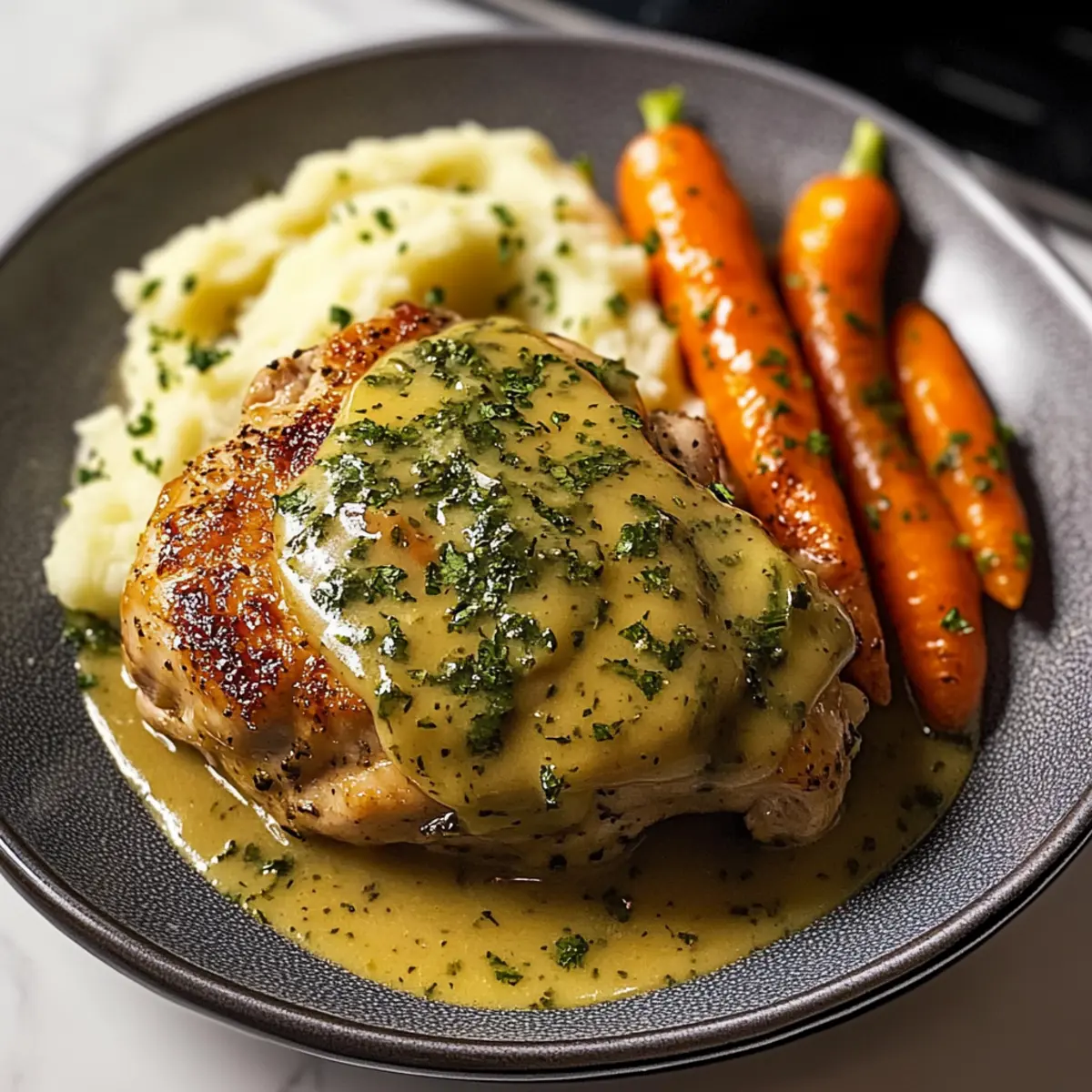 Creamy Herb Chicken with Mashed Potatoes & Glazed Carrots
