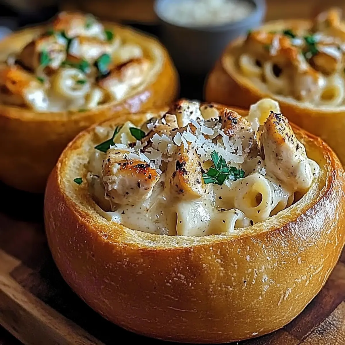 Chicken Alfredo Garlic Bread Bowls