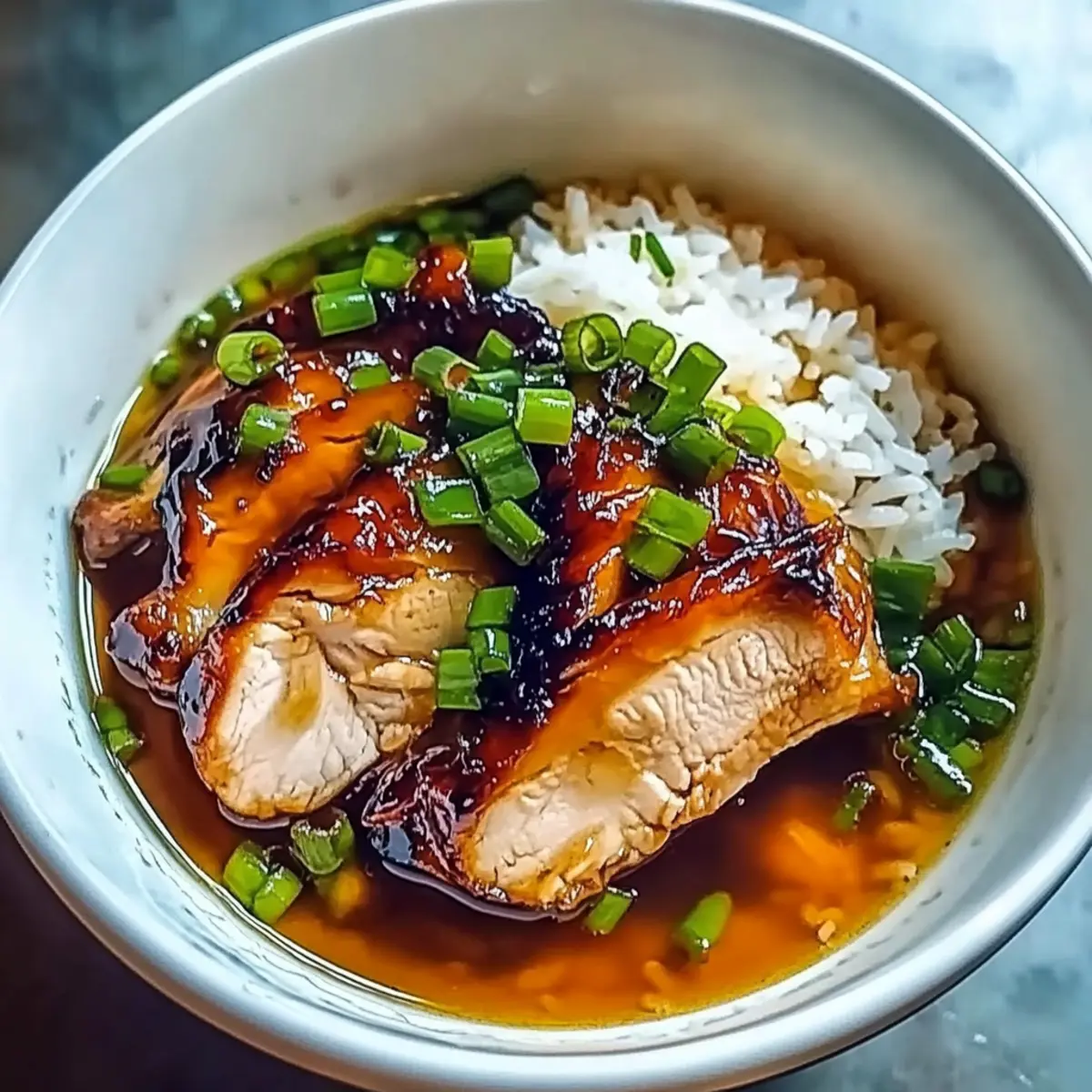 Savory Caramelised Soy Chicken in Garlic Ginger Broth with Rice