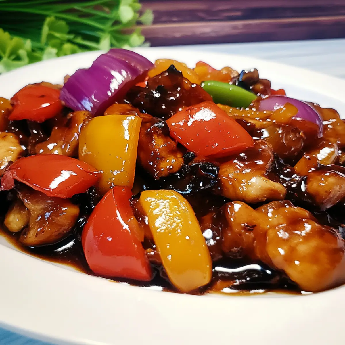 Black Vinegar Chicken with Bell Peppers and Eggplant