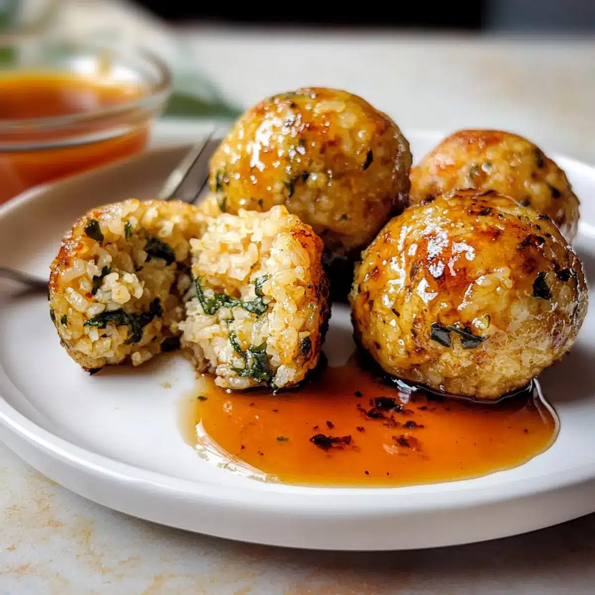 Brown Rice Balls with Sweet Chili Glaze
