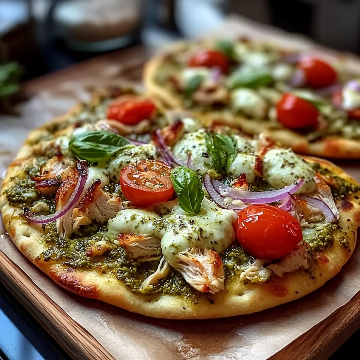 Pesto Chicken Flatbread with Mozzarella