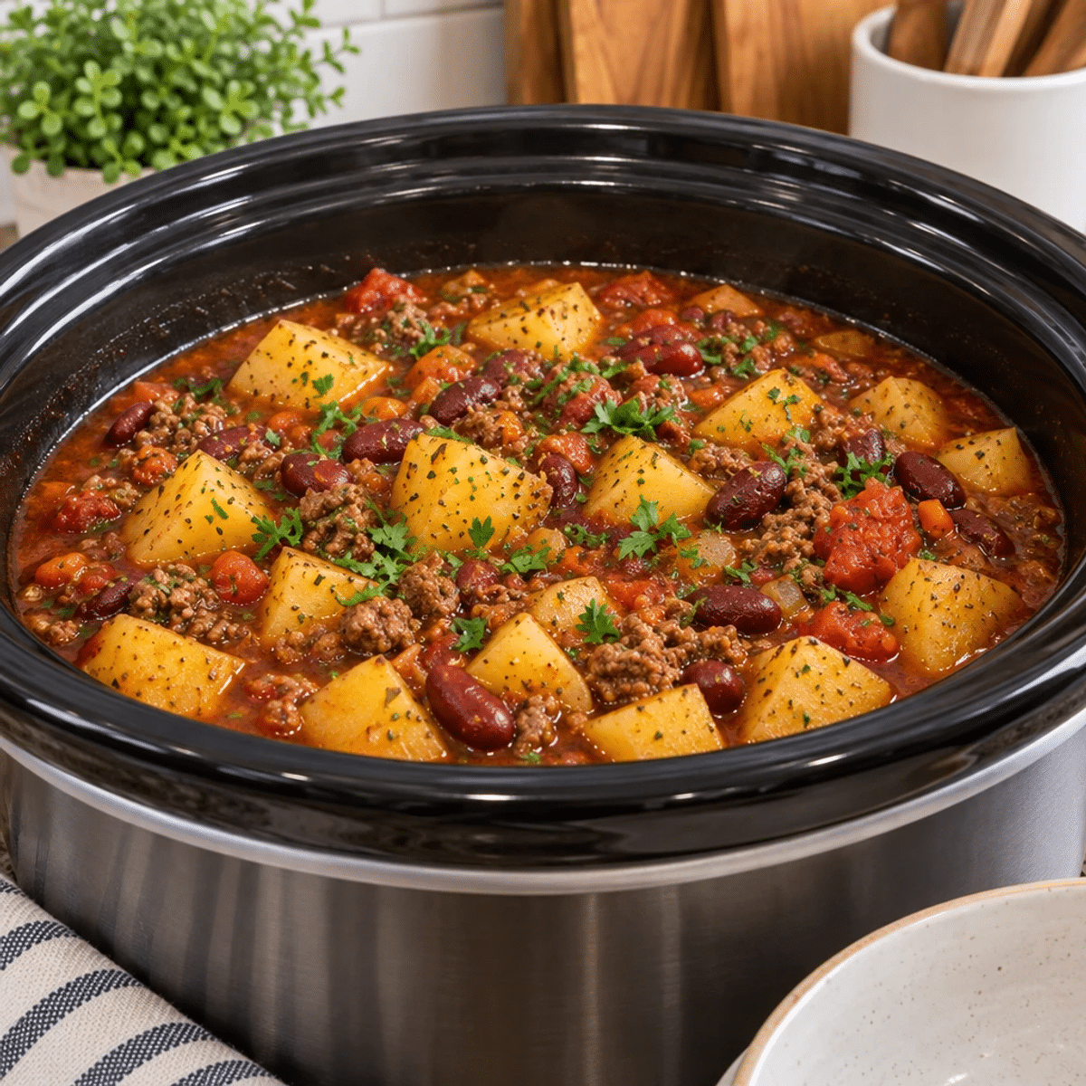 Comforting Slow Cooker Beef and Potato Bean Stew