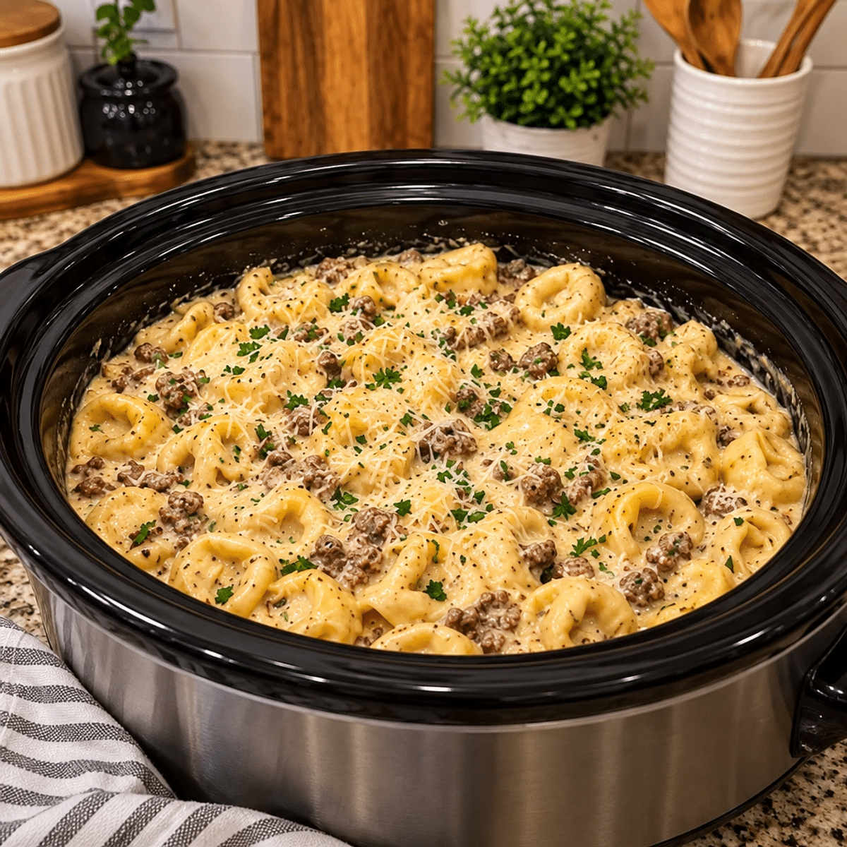 Creamy Cheesy Beef Tortellini Crockpot Magic