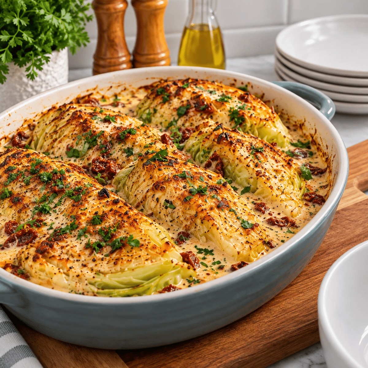 Creamy Roasted Cabbage with Parmesan and Sun-Dried Tomatoes