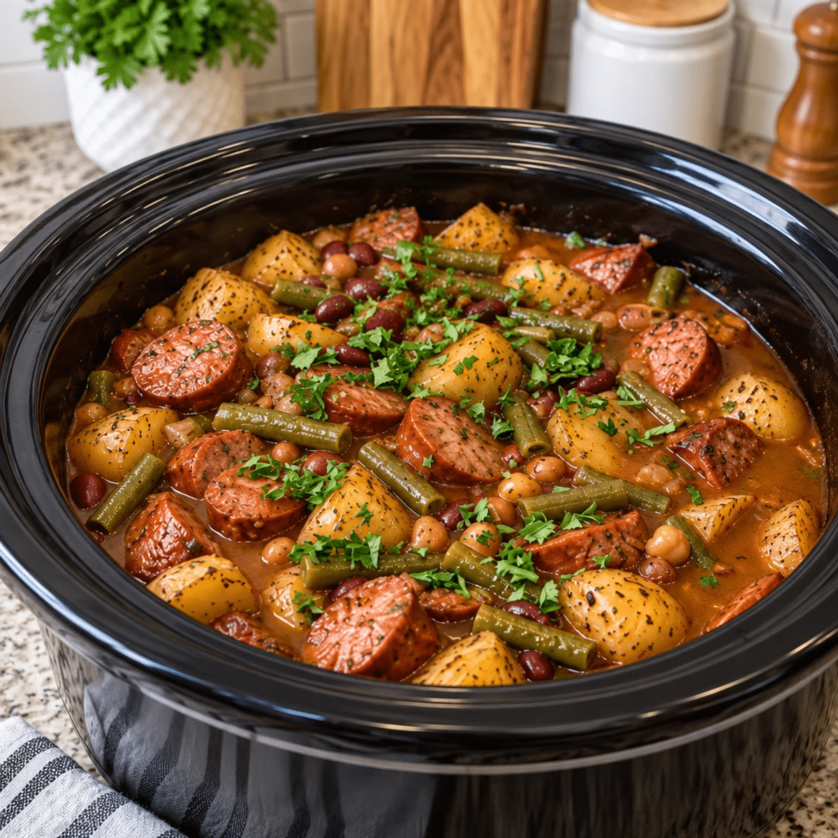 Crockpot Beef Smokies with Beans and Potatoes Delight