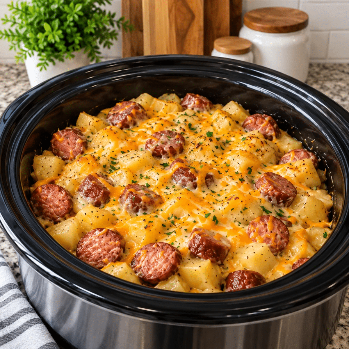 Crockpot Cheesy Potatoes and Beef Kielbasa Bliss