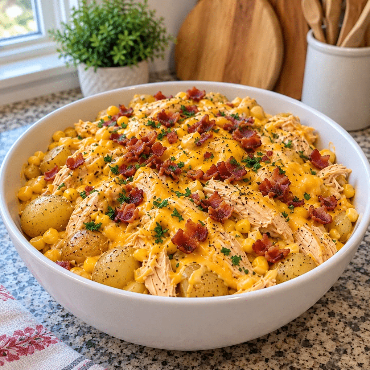 Crockpot Creamy Cheddar Chicken with Corn and Potatoes