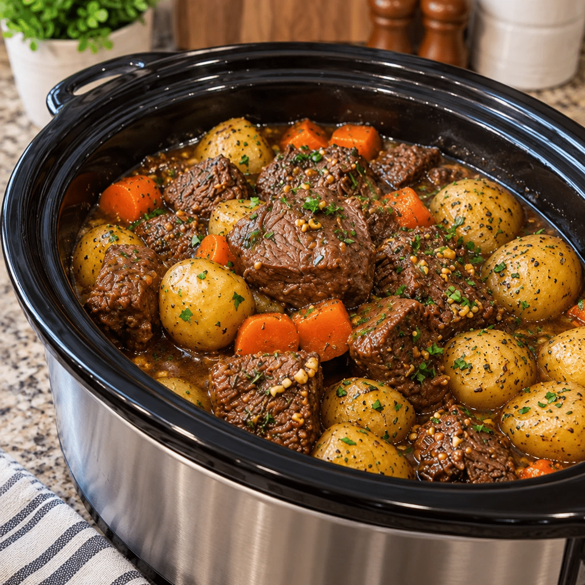Easy Crockpot Beef and Potatoes with Garlic Herb Gravy