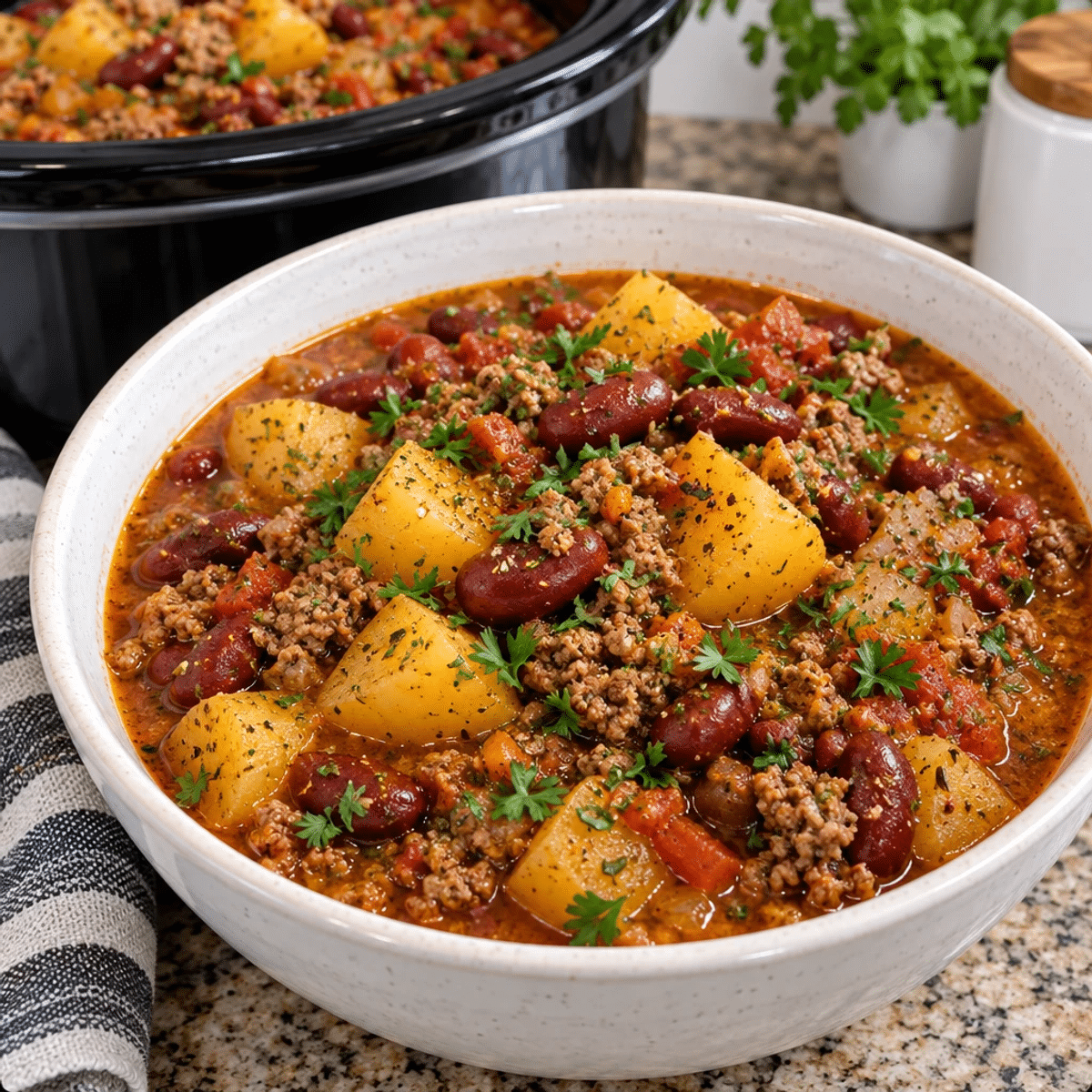 Hearty Slow Cooker Ground Beef Potato and Bean Stew